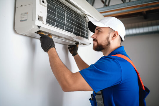HVAC technician installing a mini split air conditioner in Ogden