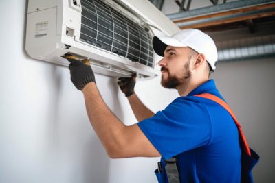 Air conditioning technician servicing a wall-mounted AC unit in Ogden, UT