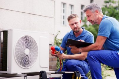 HVAC technicians reviewing an outdoor air conditioning unit in Ogden, UT